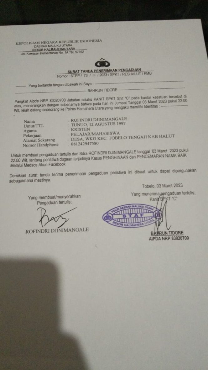 
 Surat Penerimaan Pengaduan yang dilaporkan oleh Ketua KNPI Halut dan di Terimah oleh SPKT Polres Halut.